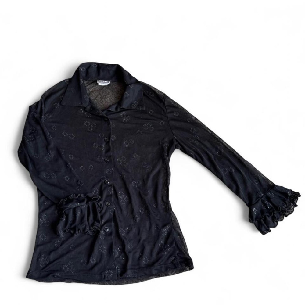 Rave Black Mesh-like Floral Blouse w/ Ruffle detail‎ on sleeve